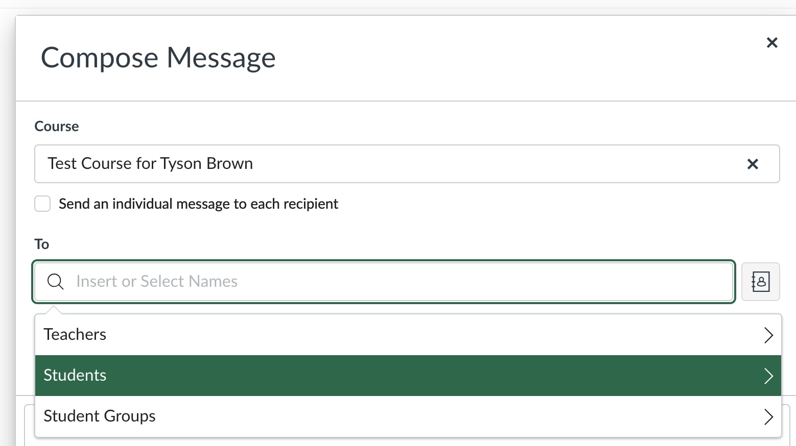 Selecting the Students List from the Inbox Compose menu
